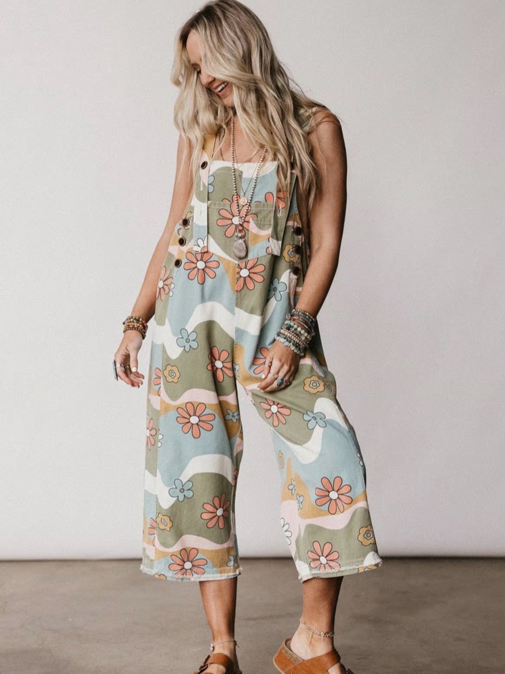 Three Bird Nest Floral Wave Wide-Leg Jumpsuit in Sage, Peach & Cream